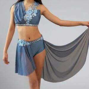 Glamour solo dance costume blue 2 piece lyrical skirt crop top MA-Medium adult